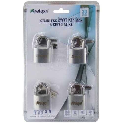 Stainless Steel Keyed Alike Padlocks - 4 Pack in 2 Sizes