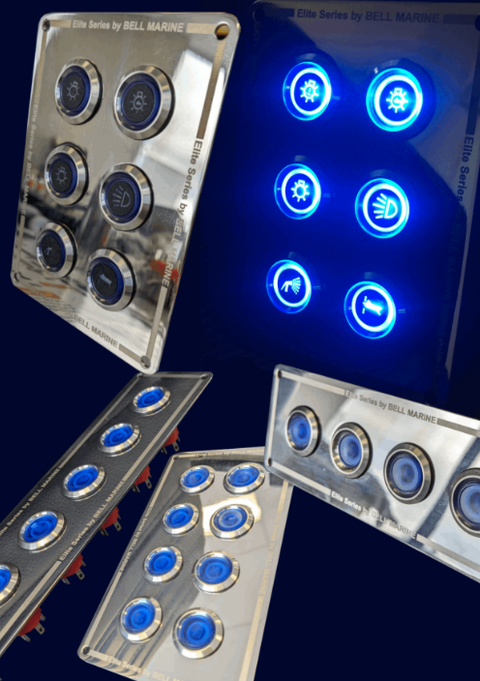 6 Gang Stainless Steel switch panel with 15A backlit switches - Horizontal