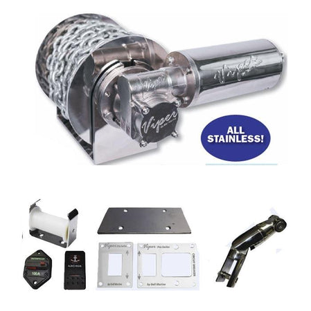 Viper All Stainless Steel 1000W Electric Anchor Winch Bundle Complete With STD WIRING LOOM, 8mm x 75m Nylon Rope And Chain
